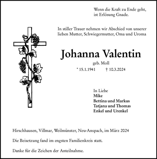 Traueranzeige von Johanna Valentin von Weilburger Tageblatt