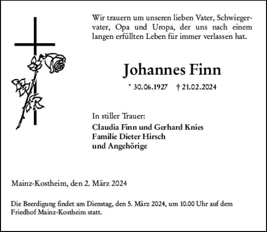 Traueranzeige von Johannes Finn von Allgemeine Zeitung Mainz