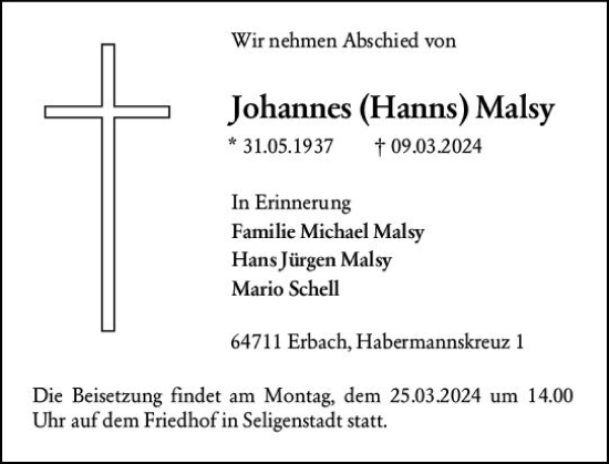 Traueranzeige von Johannes  Malsy von Odenwälder Echo