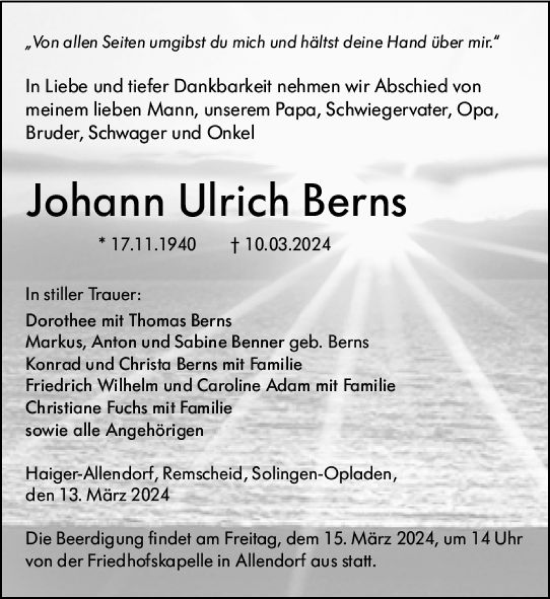 Traueranzeige von Johann Ulrich Berns von Dill Block