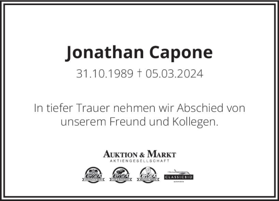 Traueranzeige von Jonathan Capone von Allgemeine Zeitung Bingen/Ingelheim
