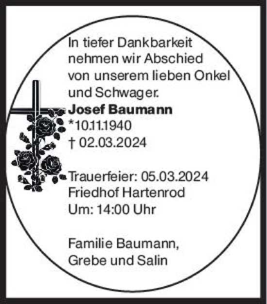 Traueranzeige von Josef Baumann von Hinterländer Anzeiger