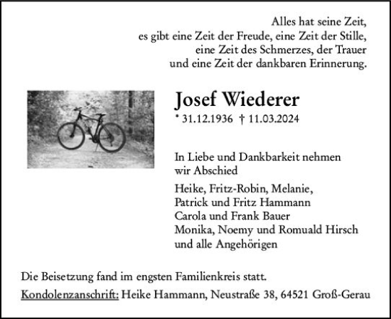 Traueranzeige von Josef Wiederer von Groß-Gerauer Echo