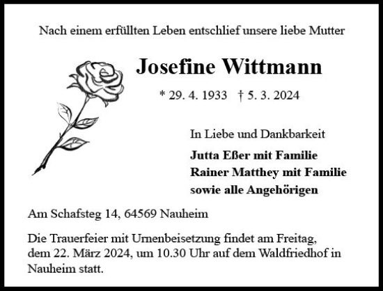 Traueranzeige von Josefine Wittmann von Groß-Gerauer Echo