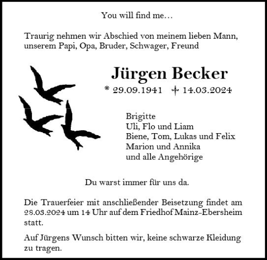 Traueranzeige von Jürgen Becker von Allgemeine Zeitung Mainz