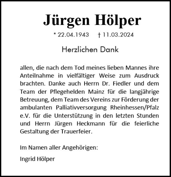Traueranzeige von Jürgen Hölper von Allgemeine Zeitung Mainz