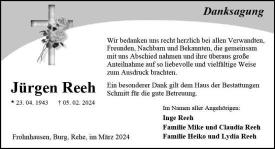 Traueranzeige von Jürgen Reeh von Dill Block
