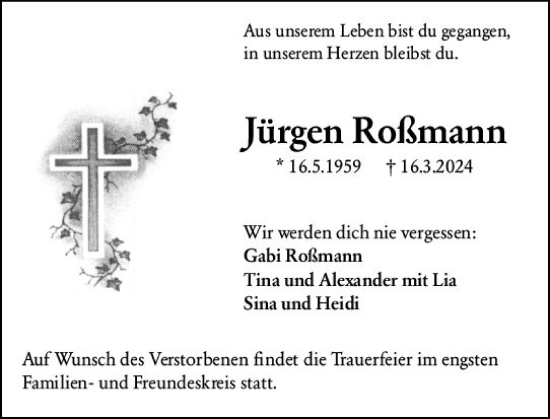 Traueranzeige von Jürgen Roßmann von Darmstädter Echo
