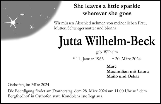 Traueranzeige von Jutta Wilhelm-Beck von Wormser Zeitung