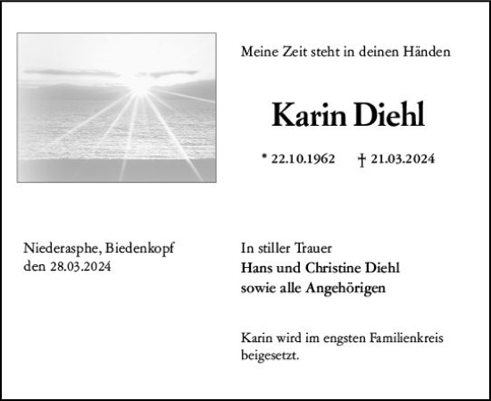 Traueranzeige von Karin Diehl von Hinterländer Anzeiger