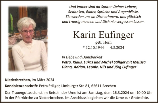 Traueranzeige von Karin Eufinger von Camberger Anzeiger