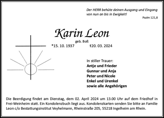 Traueranzeige von Karin Leon von Allgemeine Zeitung Bingen/Ingelheim
