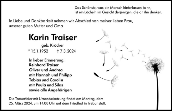Traueranzeige von Karin Traiser von Rüsselsheimer Echo