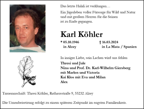 Traueranzeige von Karl Köhler von Allgemeine Zeitung Alzey