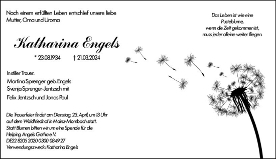 Traueranzeige von Katharina Engels von Allgemeine Zeitung Mainz