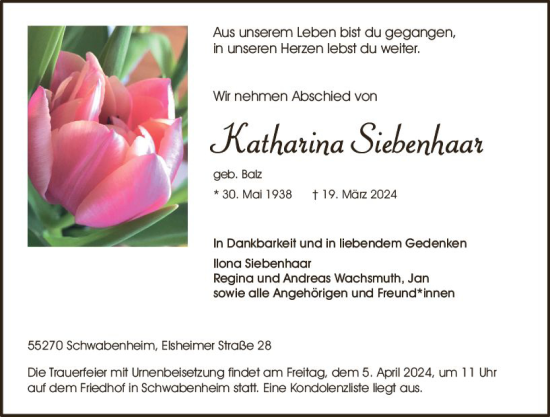 Traueranzeige von Katharina Siebenhaar von Allgemeine Zeitung Bingen/Ingelheim