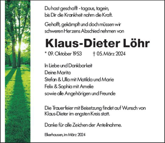 Traueranzeige von Klaus-Dieter Löhr von Weilburger Tageblatt
