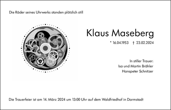 Traueranzeige von Klaus Maseberg von Darmstädter Echo