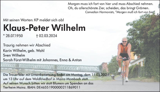 Traueranzeige von Klaus-Peter Wilhelm von Allgemeine Zeitung Mainz