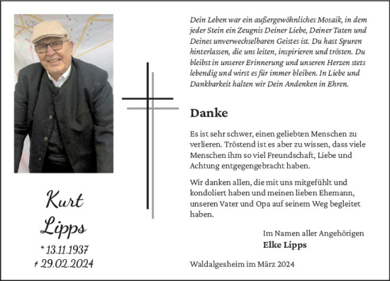 Traueranzeige von Kurt Lipps von Allgemeine Zeitung Bingen/Ingelheim