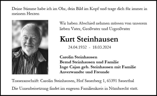 Traueranzeige von Kurt Steinhausen von Rheingau Kurier