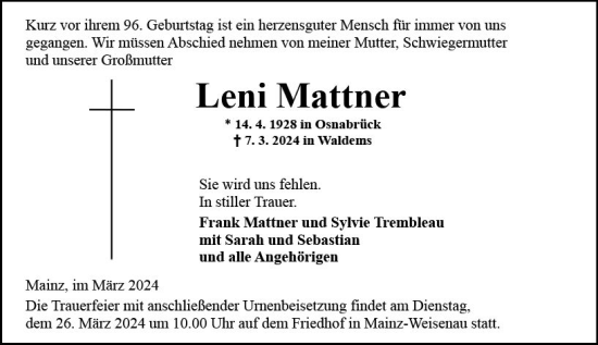 Traueranzeige von Leni Mattner von Allgemeine Zeitung Mainz