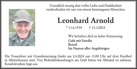 Traueranzeige von Leonhard Arnold von Starkenburger Echo