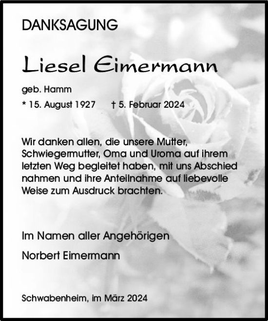 Traueranzeige von Liesel Eimermann von Allgemeine Zeitung Bingen/Ingelheim