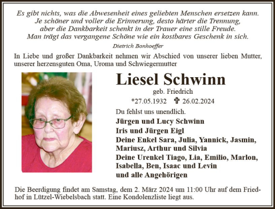 Traueranzeige von Liesel Schwinn von Odenwälder Echo