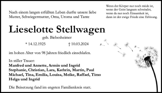 Traueranzeige von Lieselotte Stellwagen von Allgemeine Zeitung Bingen/Ingelheim