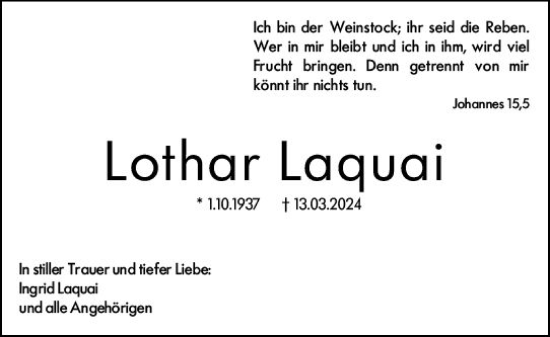 Traueranzeige von Lothar Laquai von Wiesbadener Kurier