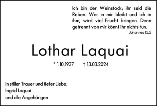 Traueranzeige von Lothar Laquai von Wiesbadener Kurier
