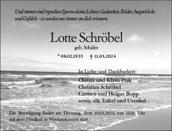 Traueranzeige von Lotte Schröbel von Darmstädter Echo