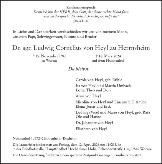 Traueranzeige von Ludwig Cornelius von Heyl zu Herrnsheim von Wormser Zeitung