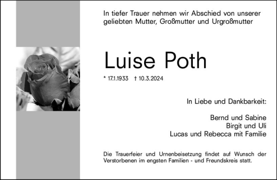 Traueranzeige von Luise Poth von Darmstädter Echo