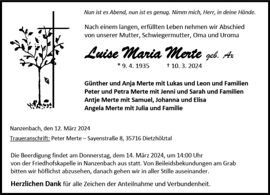Traueranzeige von Luise Maria Merte von Dill Block