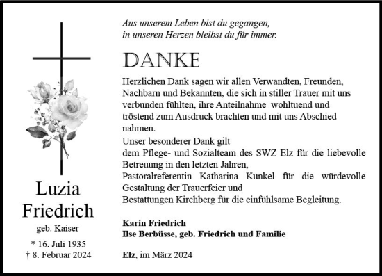 Traueranzeige von Luzia Friedrich von Nassauische Neue Presse