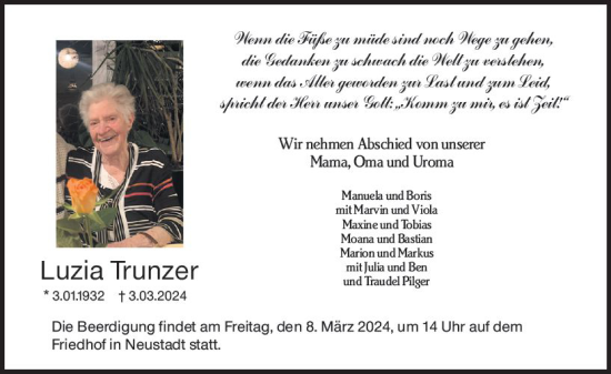 Traueranzeige von Luzia Trunzer von Odenwälder Echo