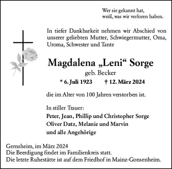 Traueranzeige von Magdalena  Sorge von Allgemeine Zeitung Mainz