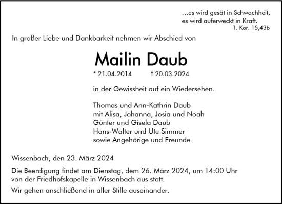 Traueranzeige von Mailin Daub von Hinterländer Anzeiger