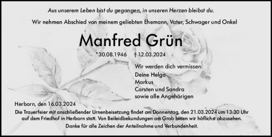 Traueranzeige von Manfred Grün von Dill Block