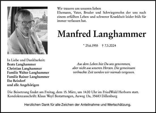 Traueranzeige von Manfred Langhammer von Dill Block
