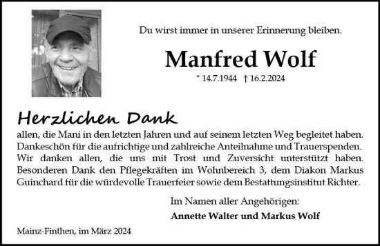 Traueranzeige von Manfred Wolf von Allgemeine Zeitung Mainz