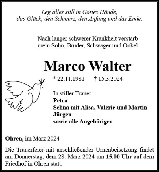 Traueranzeige von Marco Walter von Camberger Anzeiger