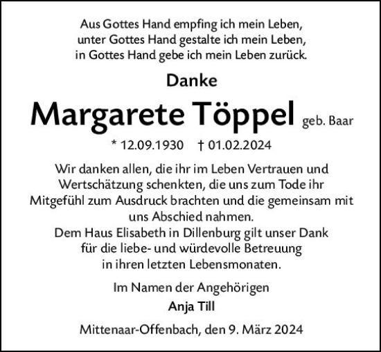 Traueranzeige von Margarete Töppel von Dill Block