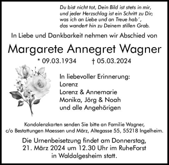 Traueranzeige von Margarete Annegret Wagner von Allgemeine Zeitung Bingen/Ingelheim