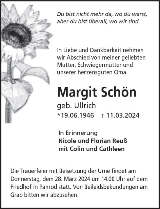 Traueranzeige von Margit Schön von Wiesbadener Kurier