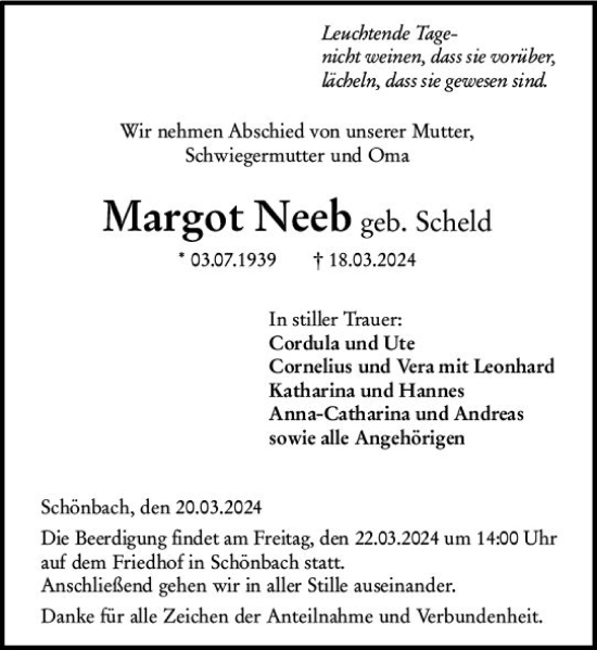 Traueranzeige von Margot Neeb von Dill Block