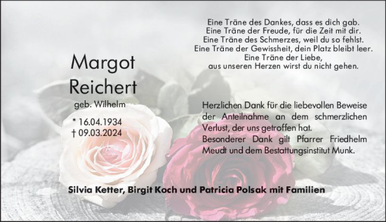 Traueranzeige von Margot Reichert von Hochheimer Zeitung