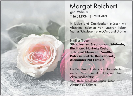 Traueranzeige von Margot Reichert von Hochheimer Zeitung